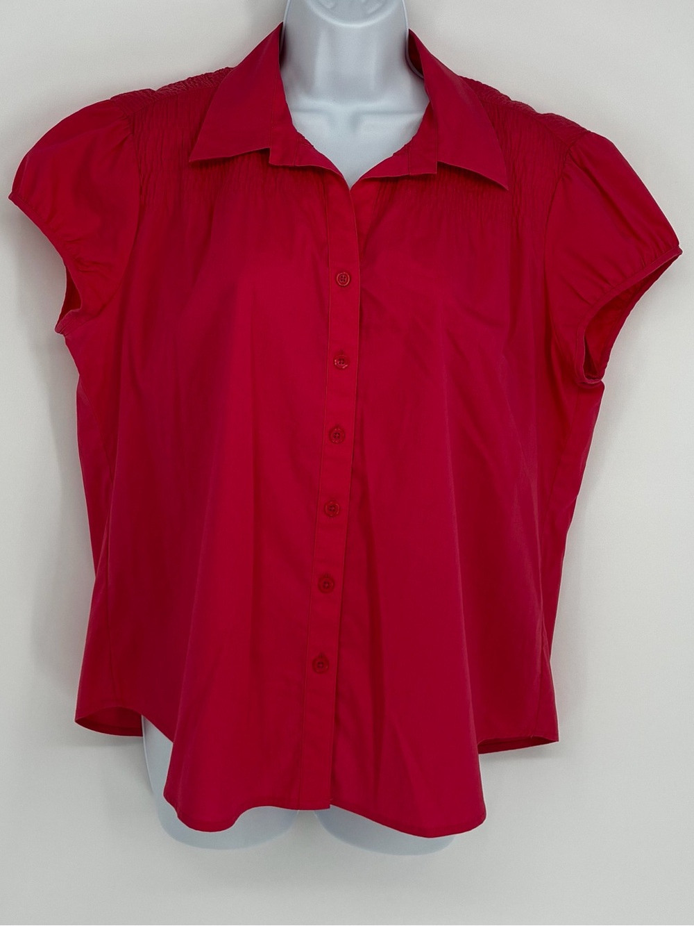 Ann Taylor LOFT Hot Pink Pintuck Pleated Cap Sleeve Button Up Blouse L